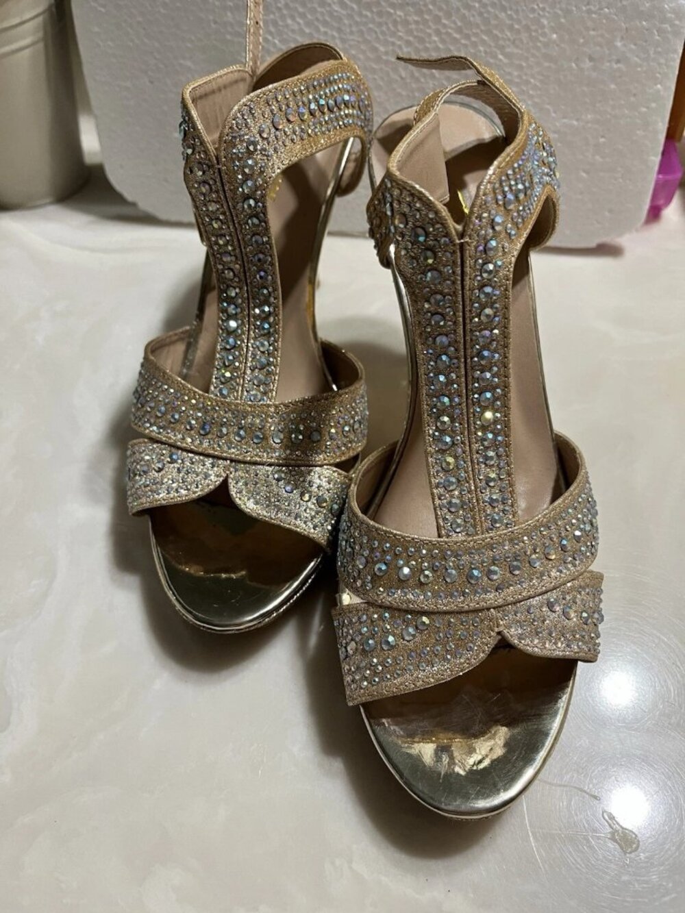 Forever Rhinestone Glitter T Strap Bow Formal Heel 8.5 Champaign